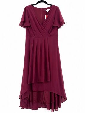 Ever Pretty Burgundy High-Low V-Neck Flutter Sleeve Dress